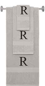 Silver monogrammed towel set with Black thread, Times New Roman font, initial R - 540 GSM cotton 3-piece