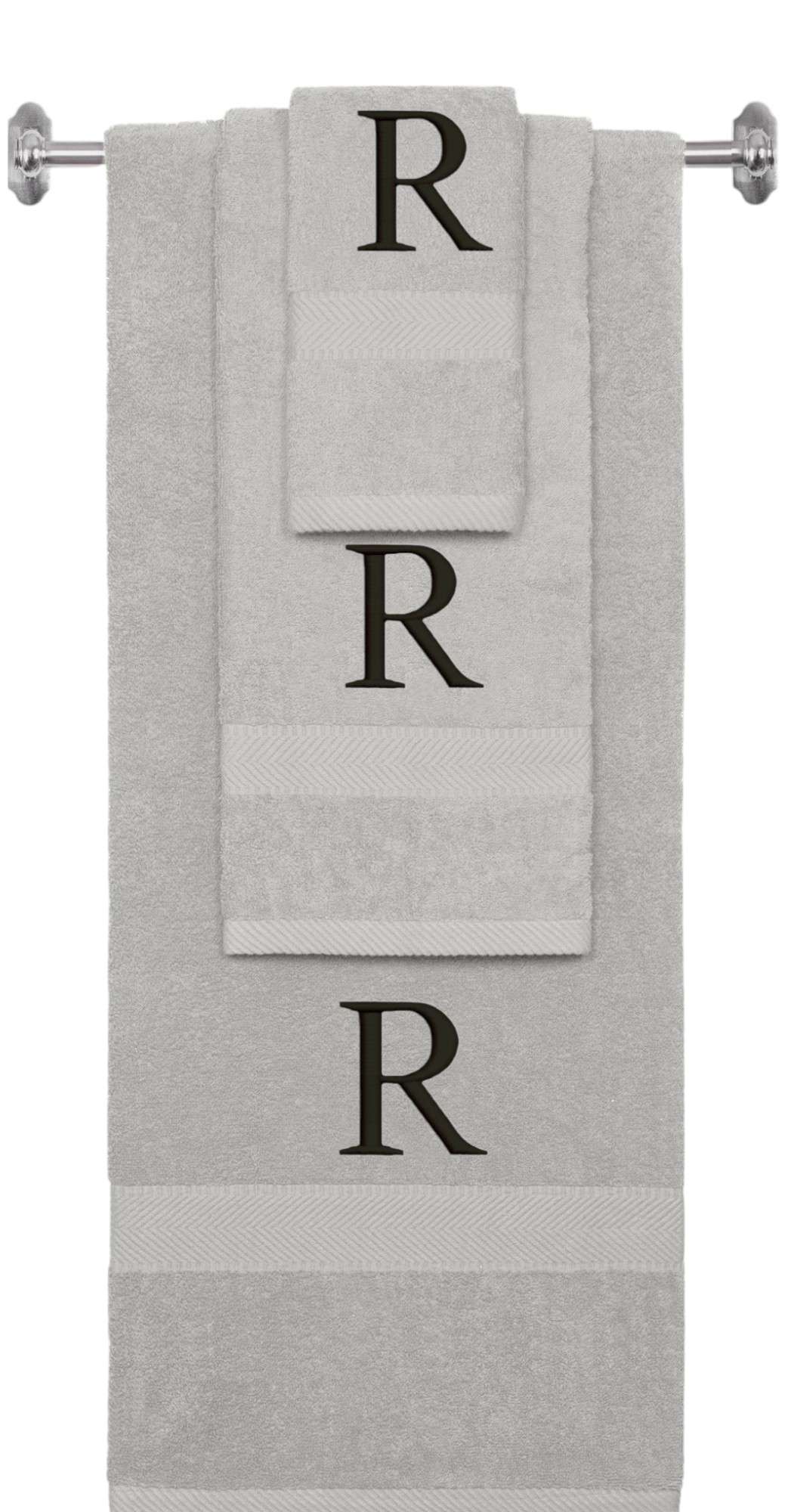 Silver monogrammed towel set with Black thread, Times New Roman font, initial R - 540 GSM cotton 3-piece