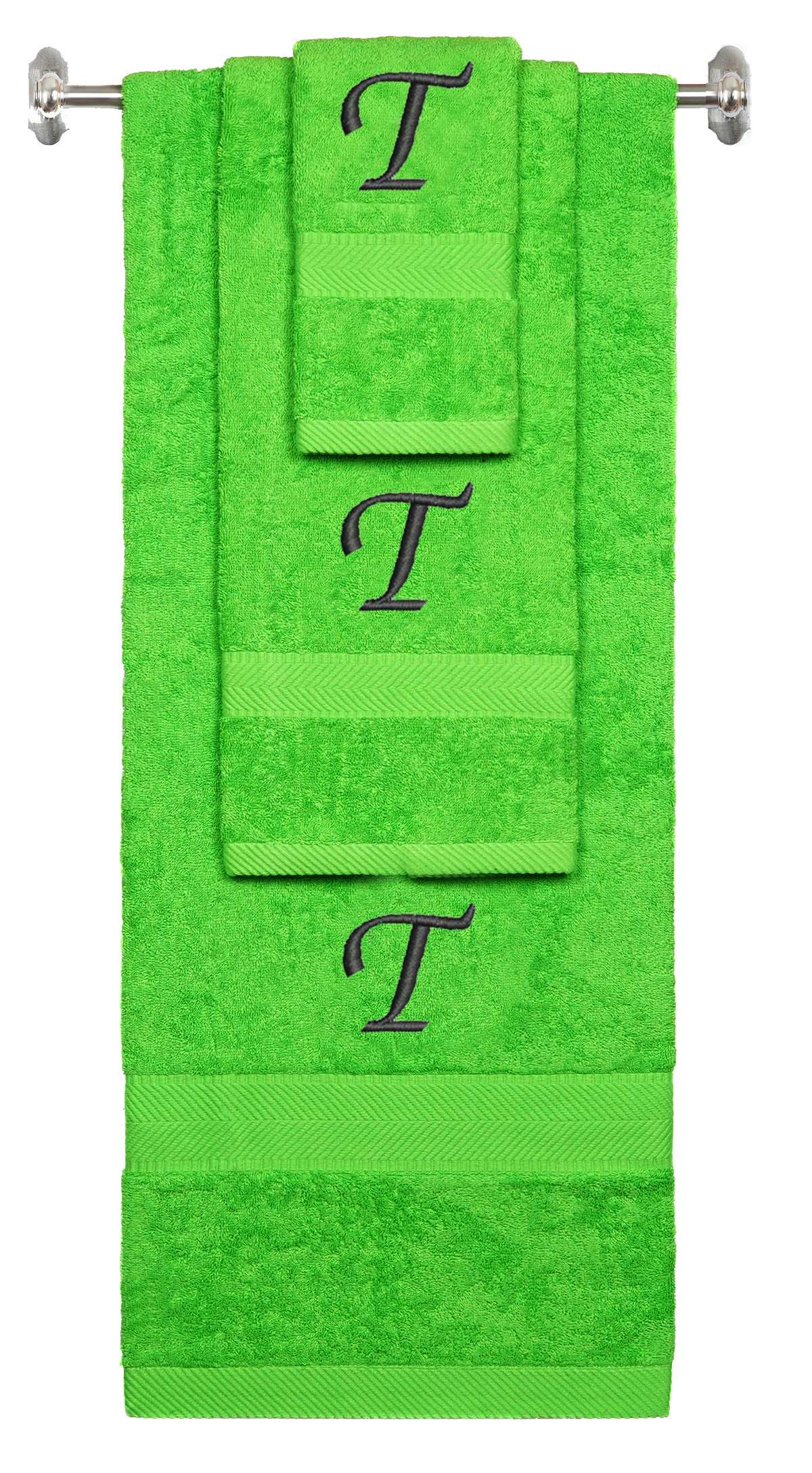 Lime monogrammed towel set with Black thread, Chancery font, initial T - 540 GSM cotton 3-piece