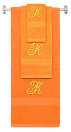 Orange monogrammed towel set with Gold thread, Diana Script font, initial K - 540 GSM cotton 3-piece