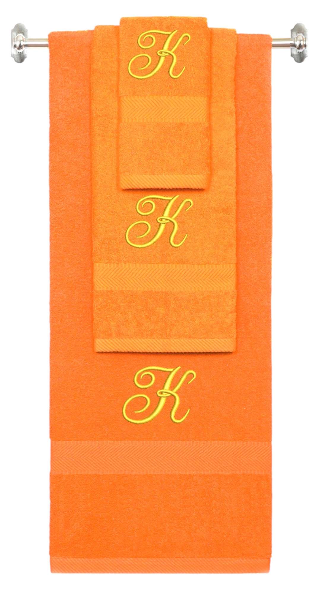 Orange monogrammed towel set with Gold thread, Diana Script font, initial K - 540 GSM cotton 3-piece