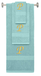 Nautical Teal monogrammed towel set with Gold thread, Chancery font, initial P - 540 GSM cotton 3-piece
