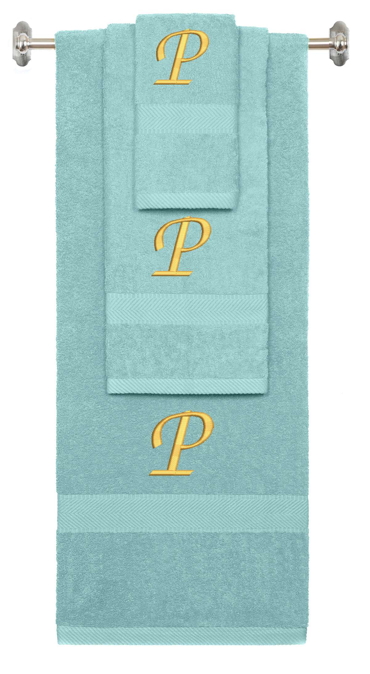 Nautical Teal monogrammed towel set with Gold thread, Chancery font, initial P - 540 GSM cotton 3-piece