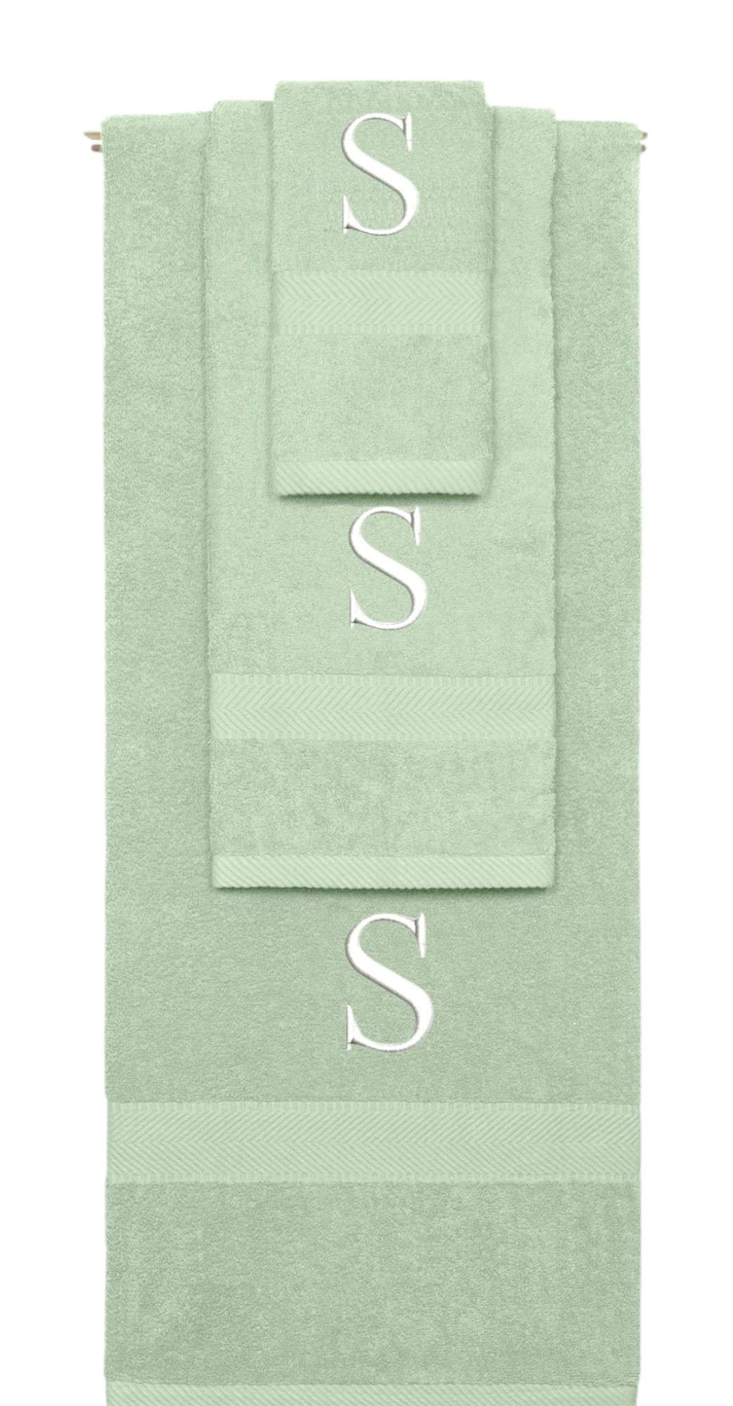 Mint Green monogrammed towel set with White thread, Times New Roman font, initial S - 540 GSM cotton 3-piece