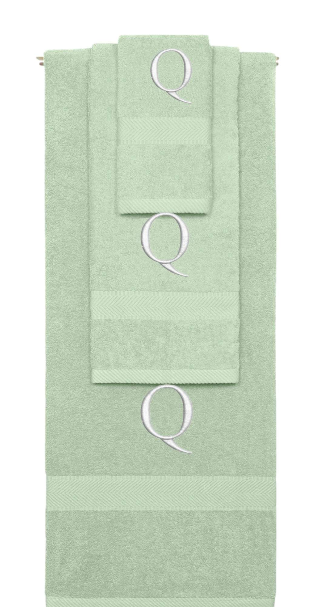 Mint Green monogrammed towel set with Silver thread, Times New Roman font, initial Q - 540 GSM cotton 3-piece