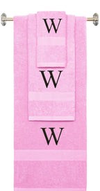 Pink monogrammed towel set with Black thread, Times New Roman font, initial W - 540 GSM cotton 3-piece