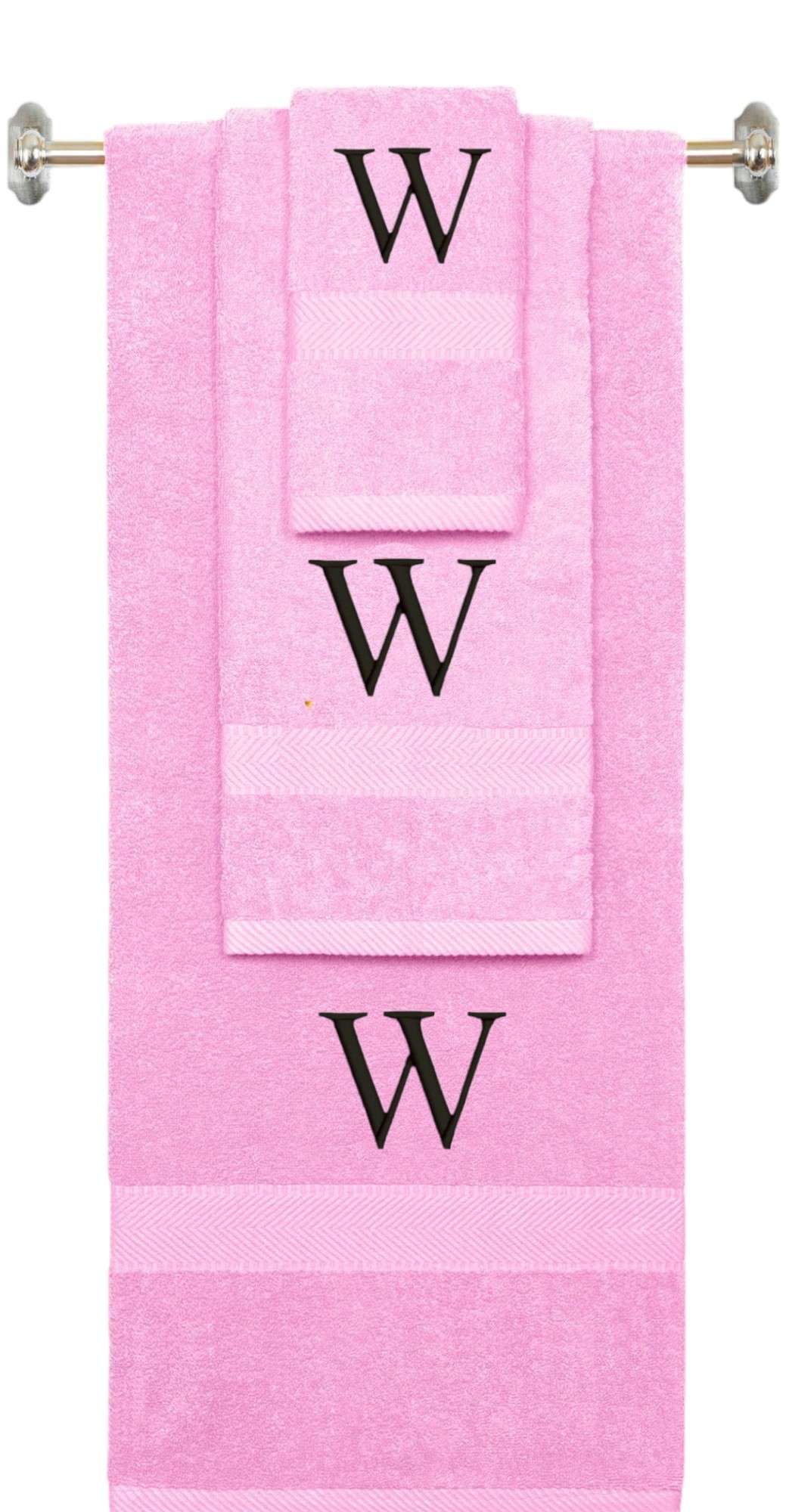 Pink monogrammed towel set with Black thread, Times New Roman font, initial W - 540 GSM cotton 3-piece