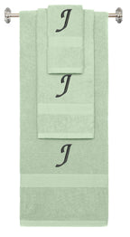 Mint Green monogrammed towel set with Black thread, Chancery font, initial J - 540 GSM cotton 3-piece