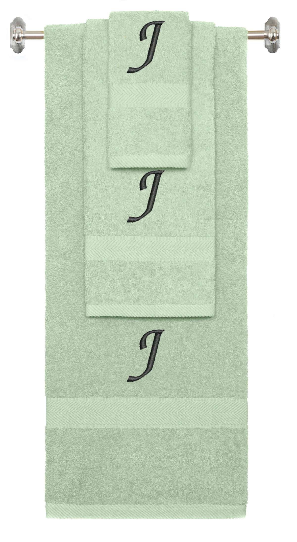 Mint Green monogrammed towel set with Black thread, Chancery font, initial J - 540 GSM cotton 3-piece