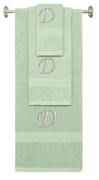 Mint Green monogrammed towel set with Silver thread, Chancery font, initial D - 540 GSM cotton 3-piece