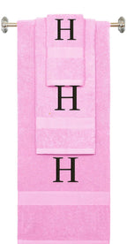 Pink monogrammed towel set with Black thread, Times New Roman font, initial H - 540 GSM cotton 3-piece