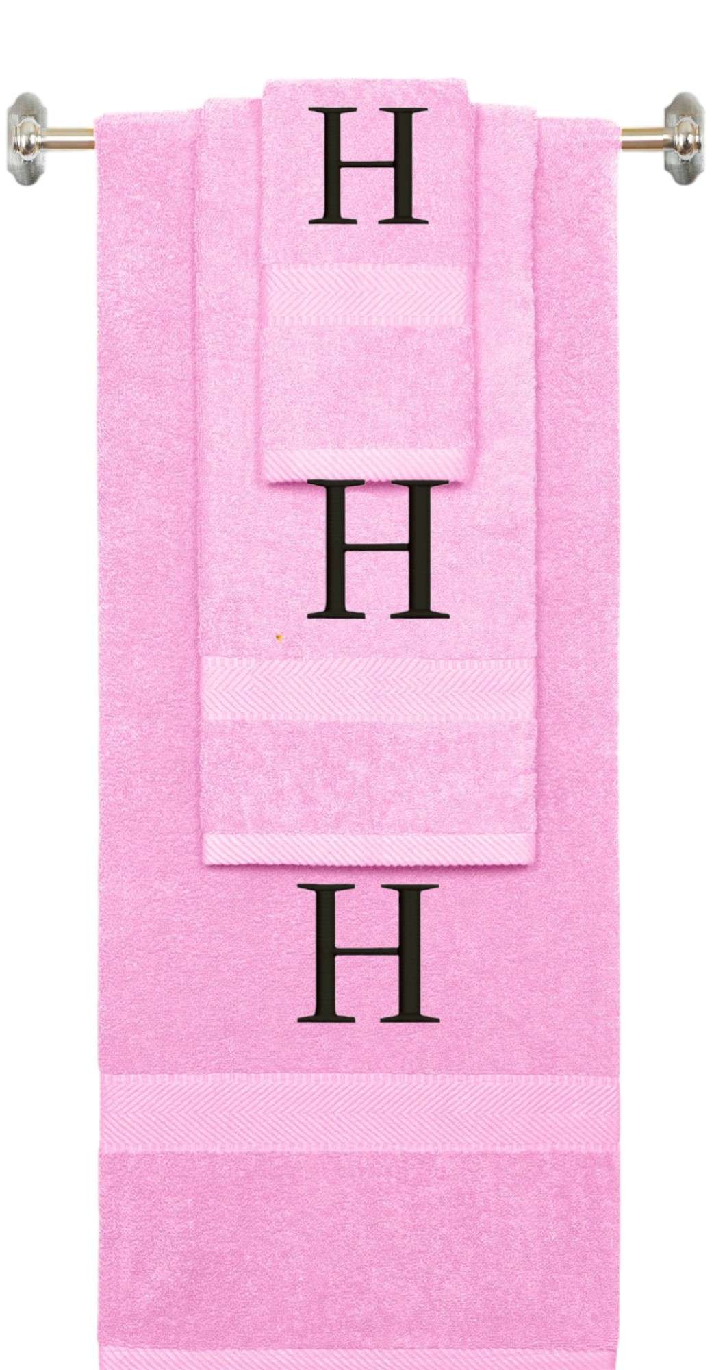Pink monogrammed towel set with Black thread, Times New Roman font, initial H - 540 GSM cotton 3-piece