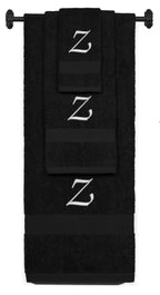 Black monogrammed towel set with Silver thread, Chancery font, initial Z - 540 GSM cotton 3-piece