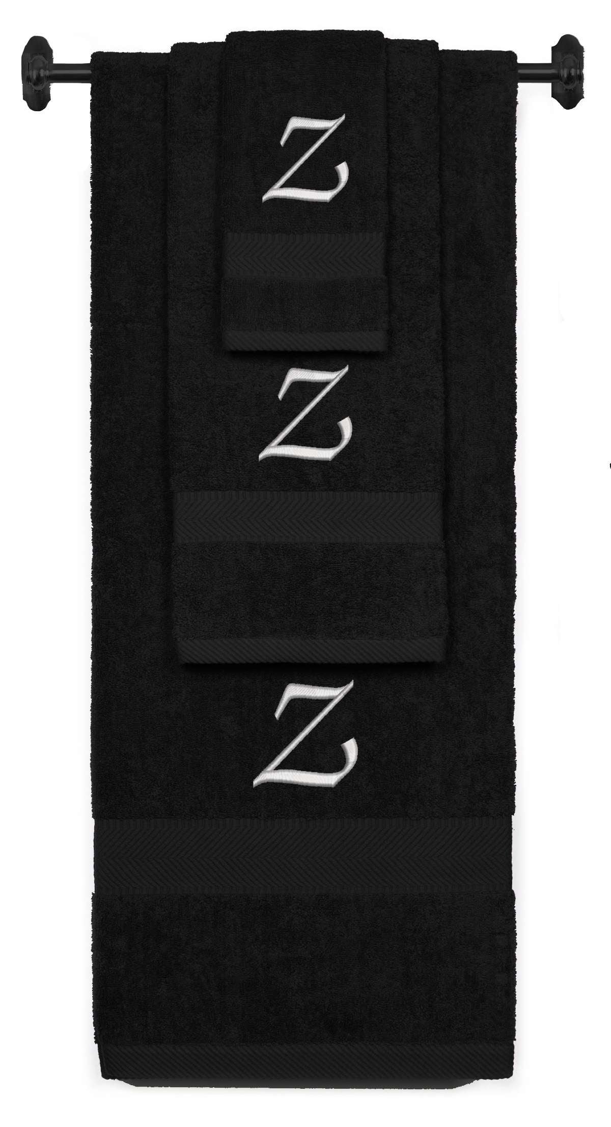 Black monogrammed towel set with Silver thread, Chancery font, initial Z - 540 GSM cotton 3-piece