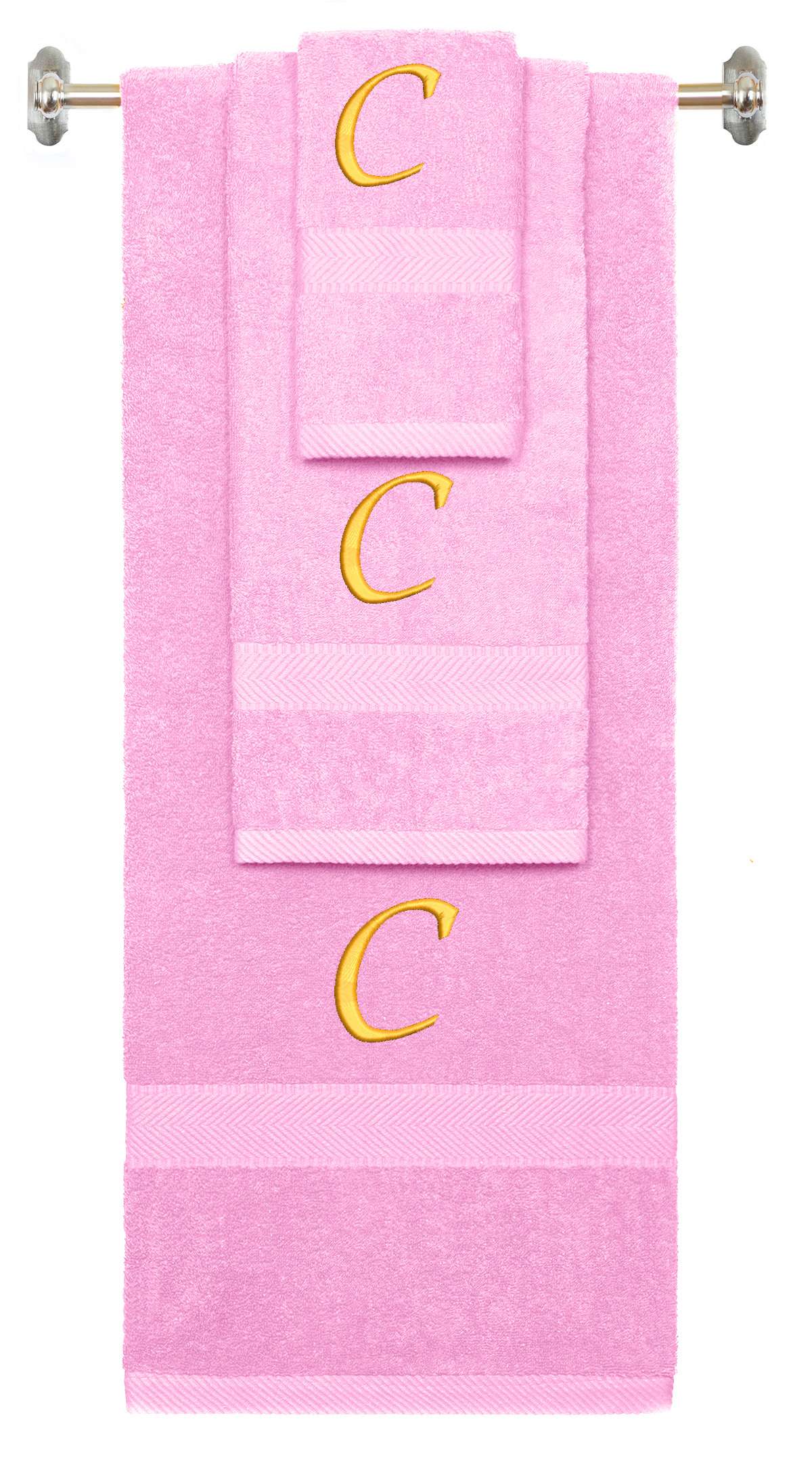 Pink monogrammed towel set with Gold thread, Chancery font, initial C - 540 GSM cotton 3-piece