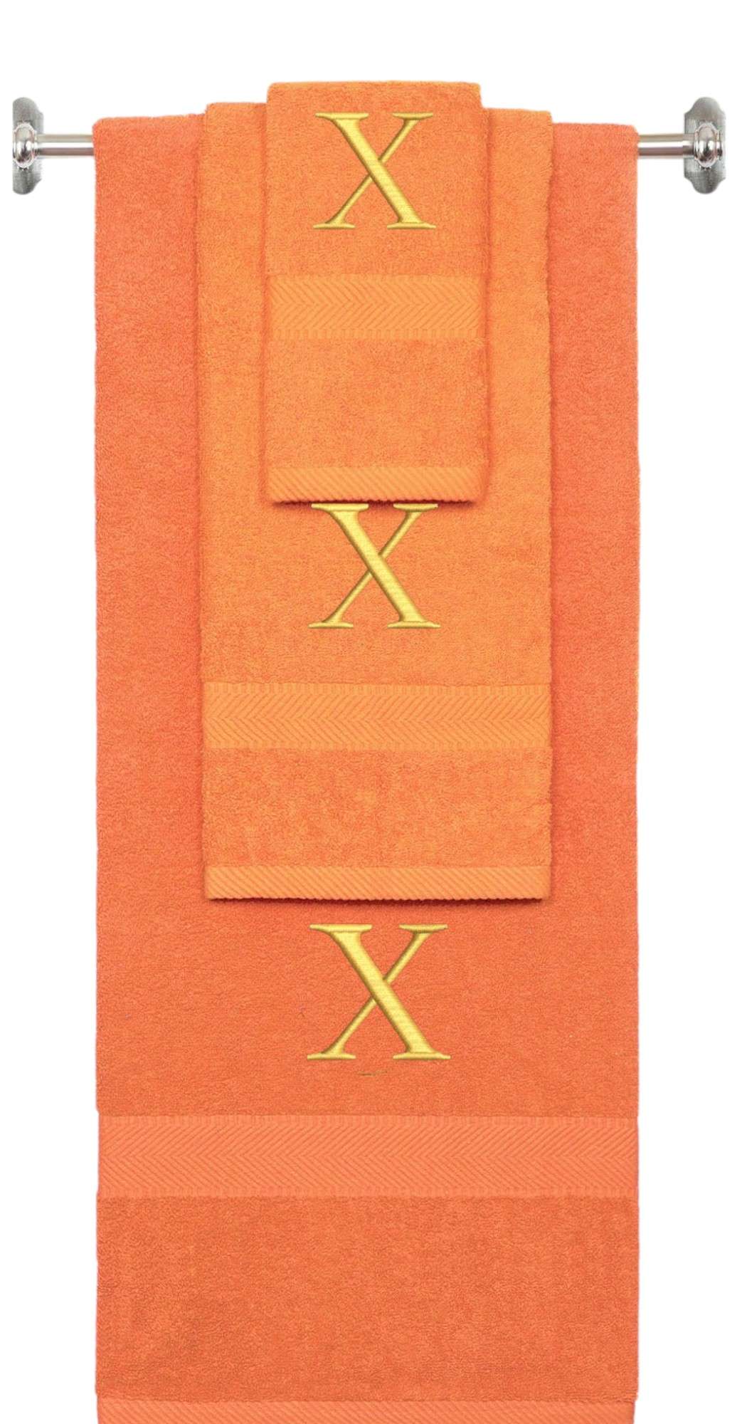 Orange monogrammed towel set with Gold thread, Times New Roman font, initial X - 540 GSM cotton 3-piece