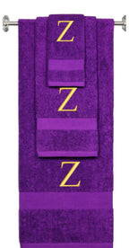 Purple monogrammed towel set with Gold thread, Times New Roman font, initial Z - 540 GSM cotton 3-piece