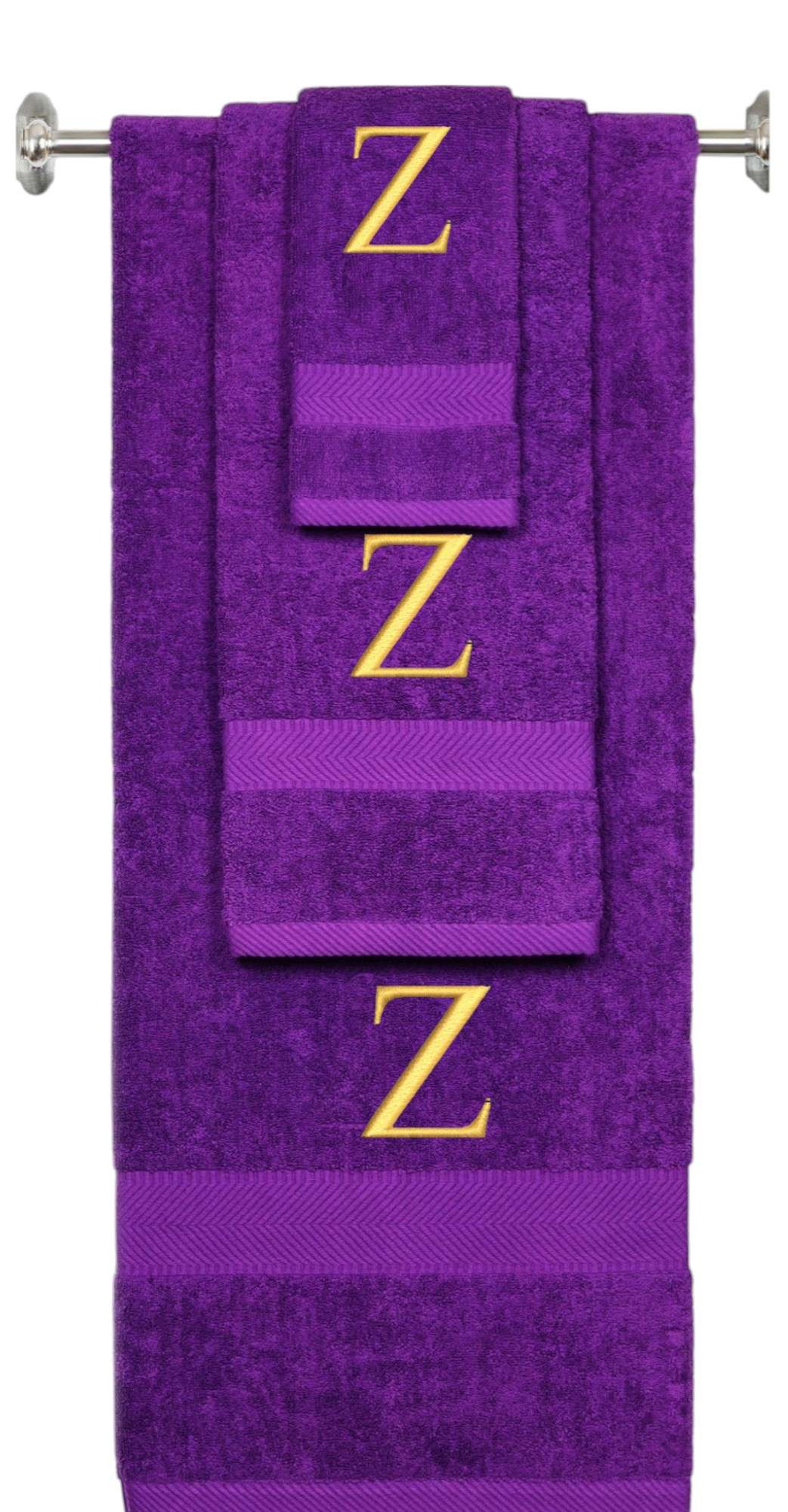 Purple monogrammed towel set with Gold thread, Times New Roman font, initial Z - 540 GSM cotton 3-piece