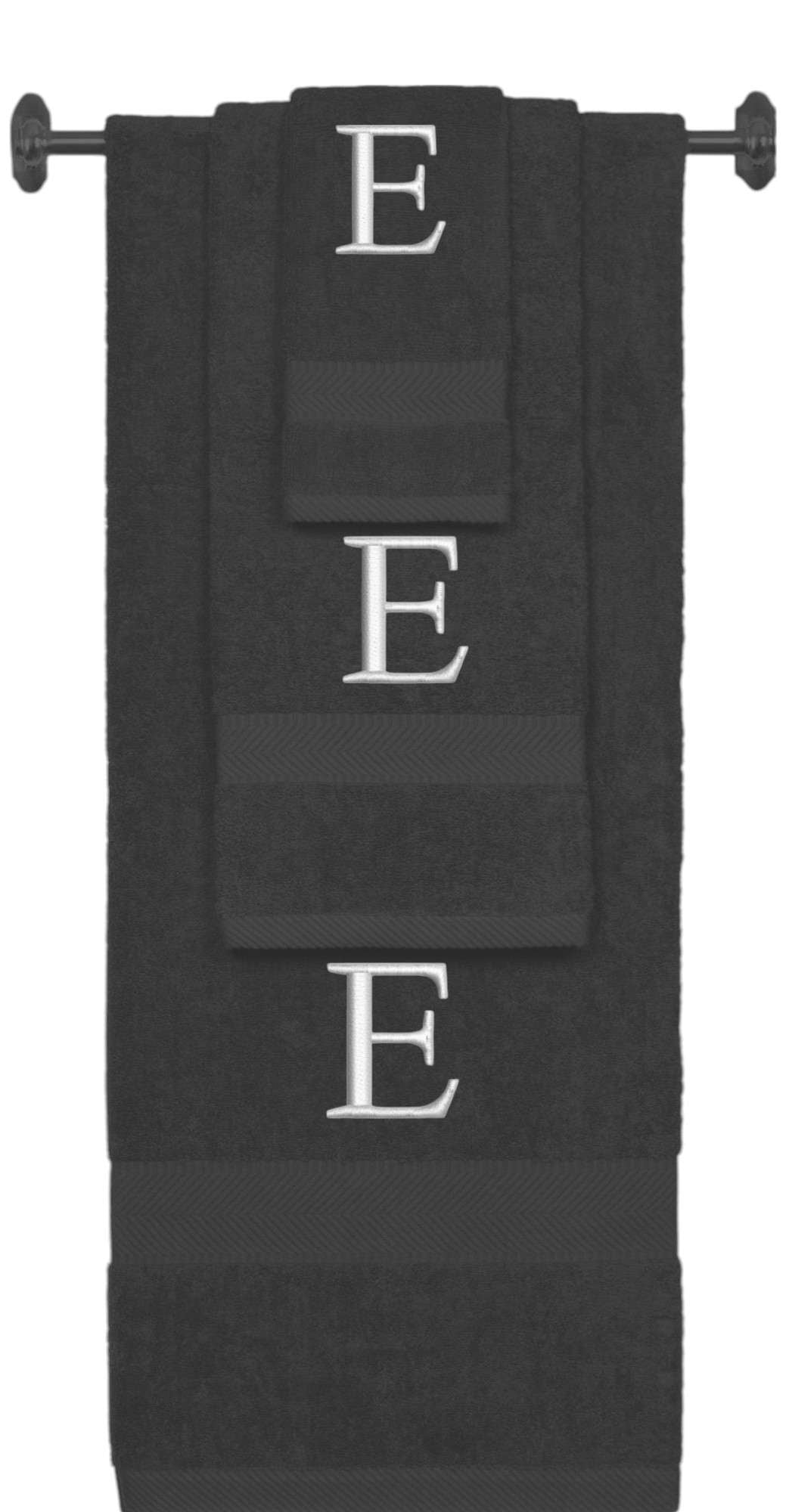 Charcoal monogrammed towel set with Silver thread, Times New Roman font, initial E - 540 GSM cotton 3-piece