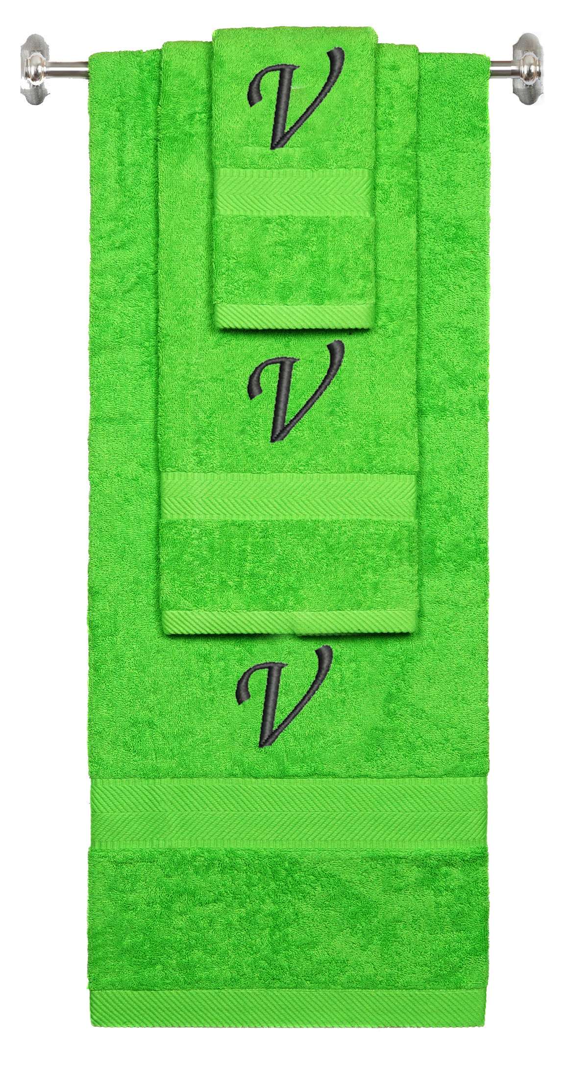 Lime monogrammed towel set with Black thread, Chancery font, initial V - 540 GSM cotton 3-piece