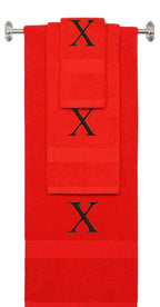 Red monogrammed towel set with Black thread, Times New Roman font, initial X - 540 GSM cotton 3-piece