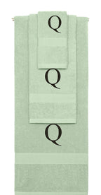 Mint Green monogrammed towel set with Black thread, Times New Roman font, initial Q - 540 GSM cotton 3-piece