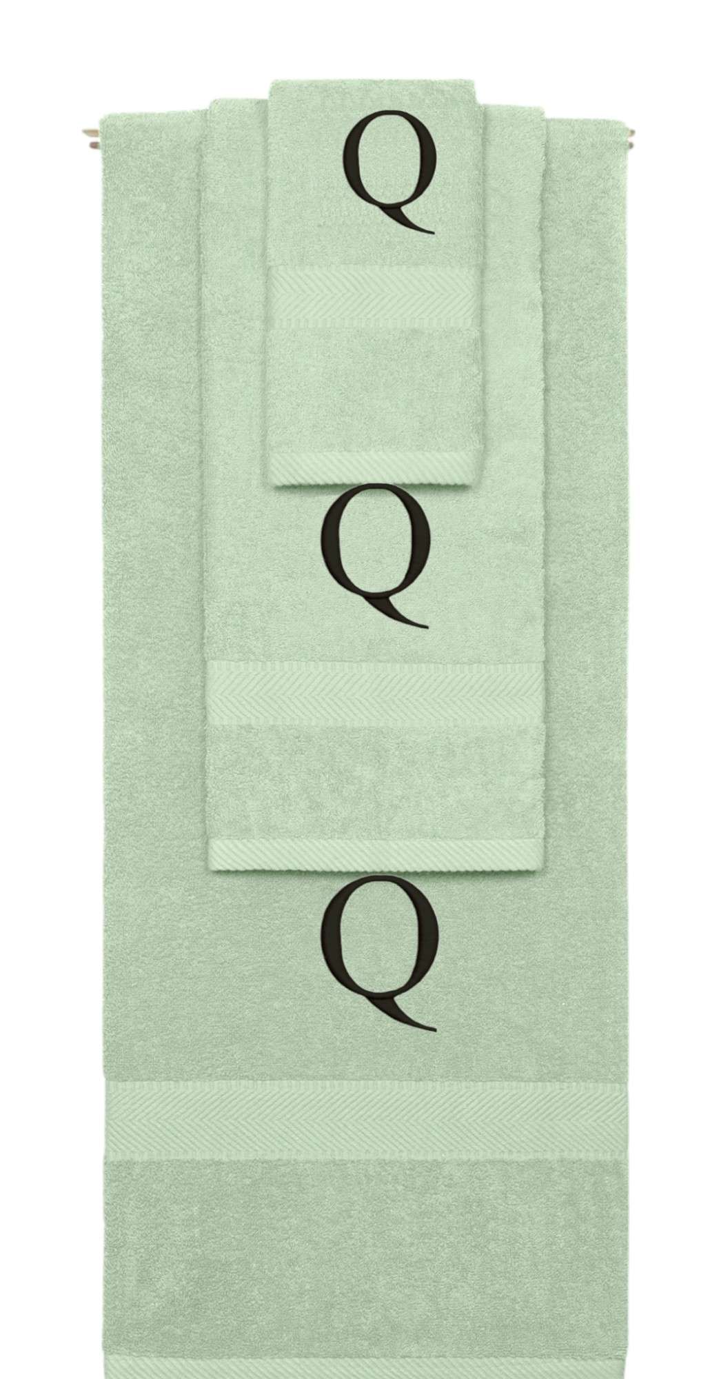 Mint Green monogrammed towel set with Black thread, Times New Roman font, initial Q - 540 GSM cotton 3-piece
