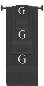 Charcoal monogrammed towel set with White thread, Times New Roman font, initial G - 540 GSM cotton 3-piece