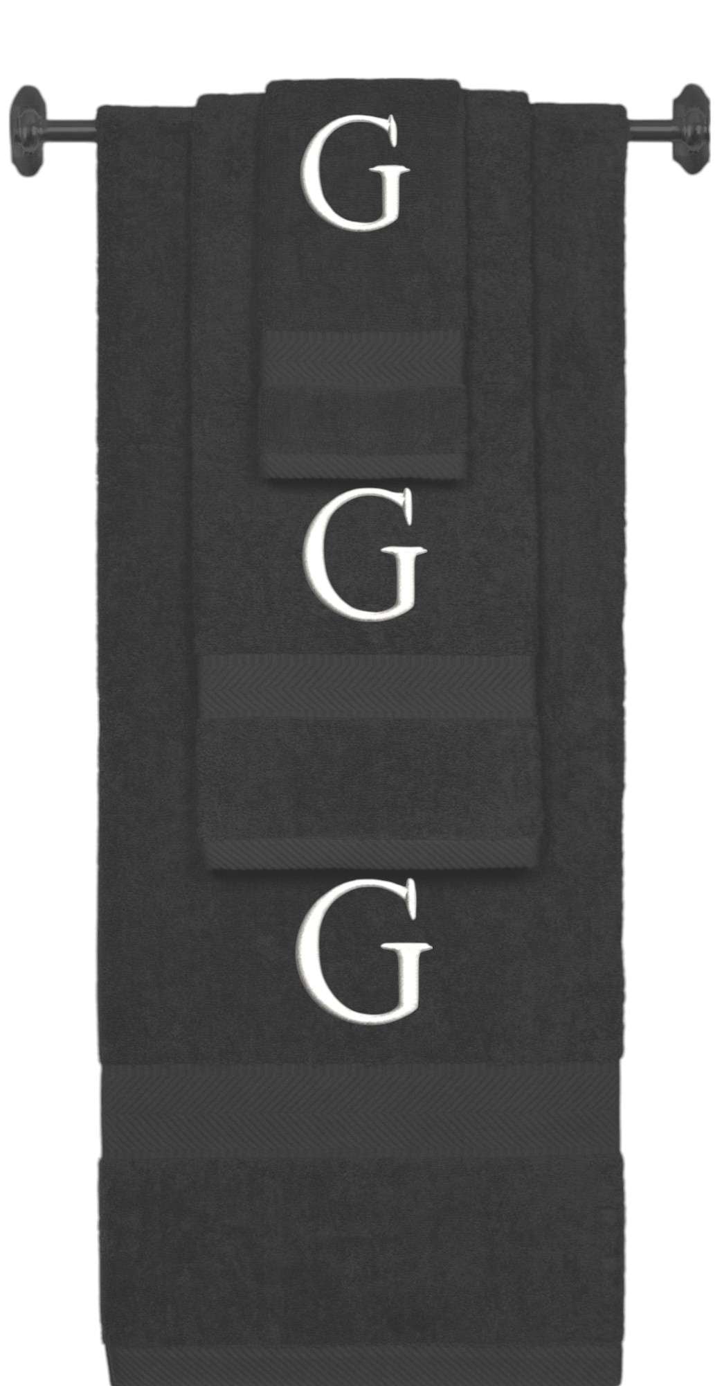 Charcoal monogrammed towel set with White thread, Times New Roman font, initial G - 540 GSM cotton 3-piece