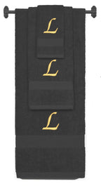 Charcoal monogrammed towel set with Gold thread, Chancery font, initial L - 540 GSM cotton 3-piece