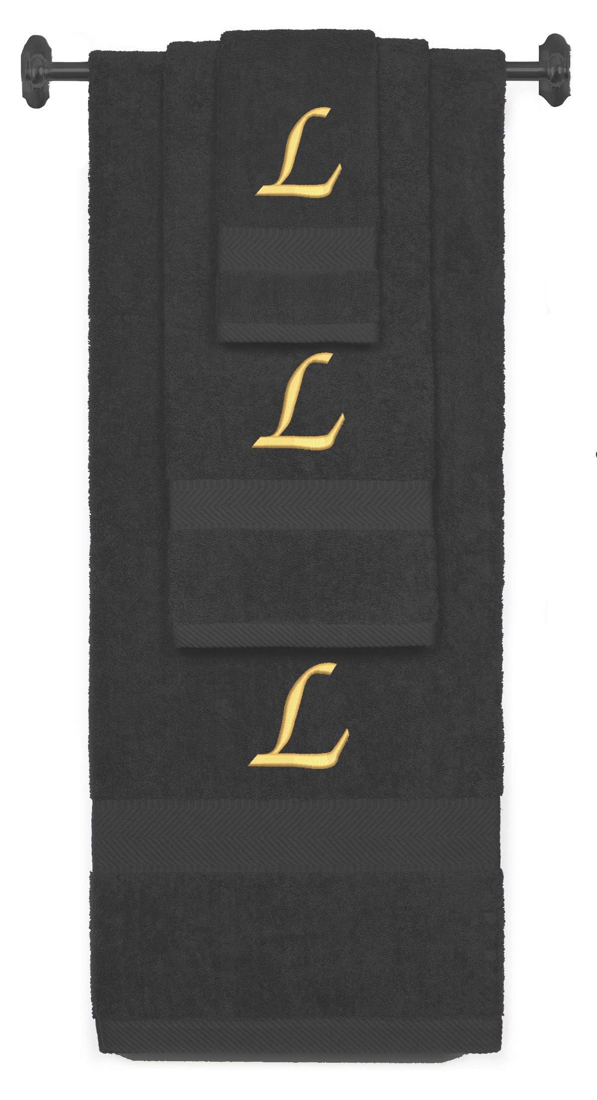 Charcoal monogrammed towel set with Gold thread, Chancery font, initial L - 540 GSM cotton 3-piece