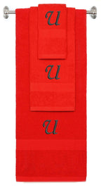 Red monogrammed towel set with Black thread, Chancery font, initial U - 540 GSM cotton 3-piece