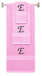 Pink monogrammed towel set with Black thread, Chancery font, initial E - 540 GSM cotton 3-piece