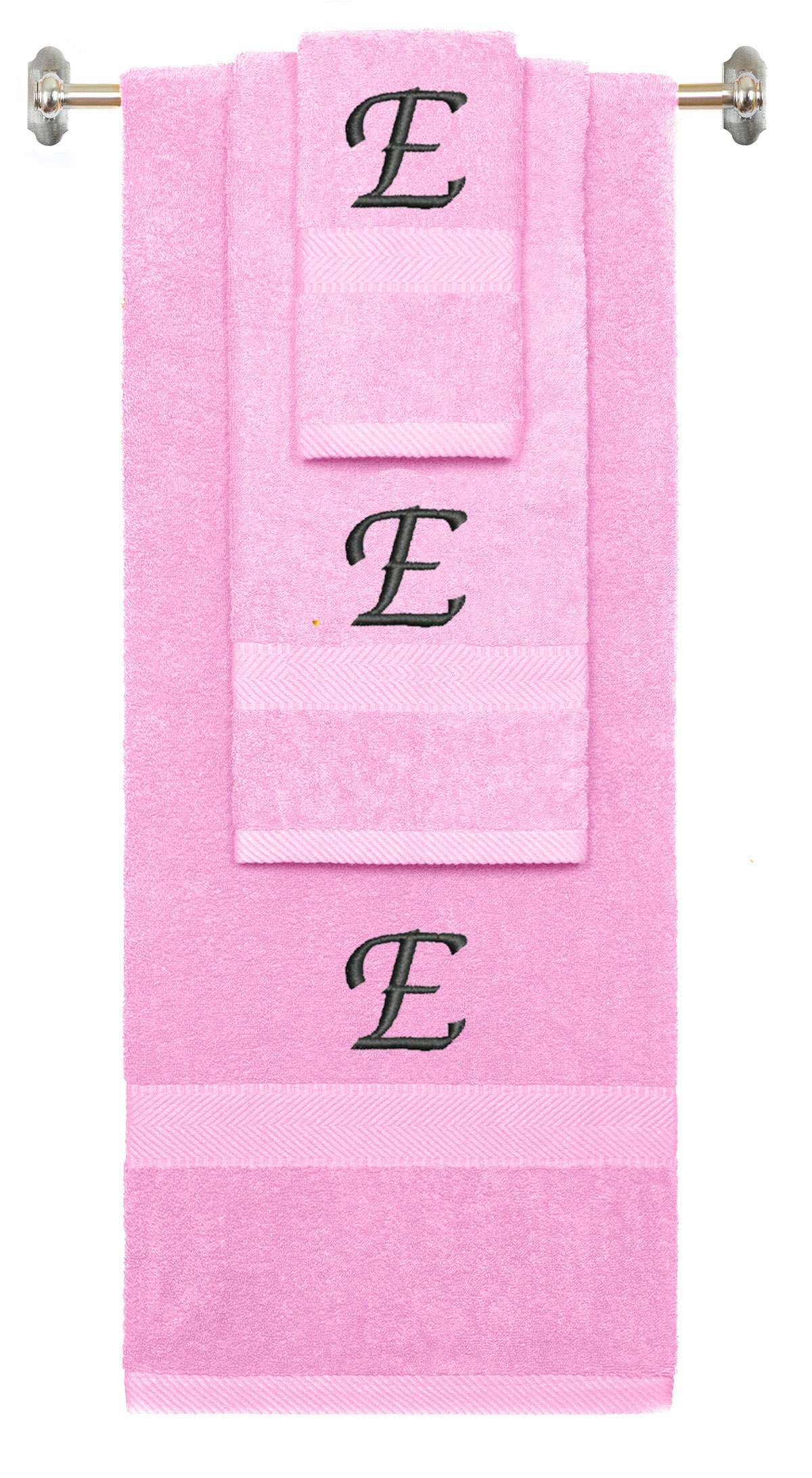 Pink monogrammed towel set with Black thread, Chancery font, initial E - 540 GSM cotton 3-piece