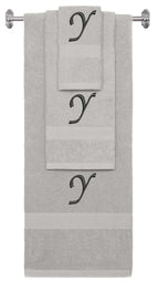 Silver monogrammed towel set with Black thread, Chancery font, initial Y - 540 GSM cotton 3-piece