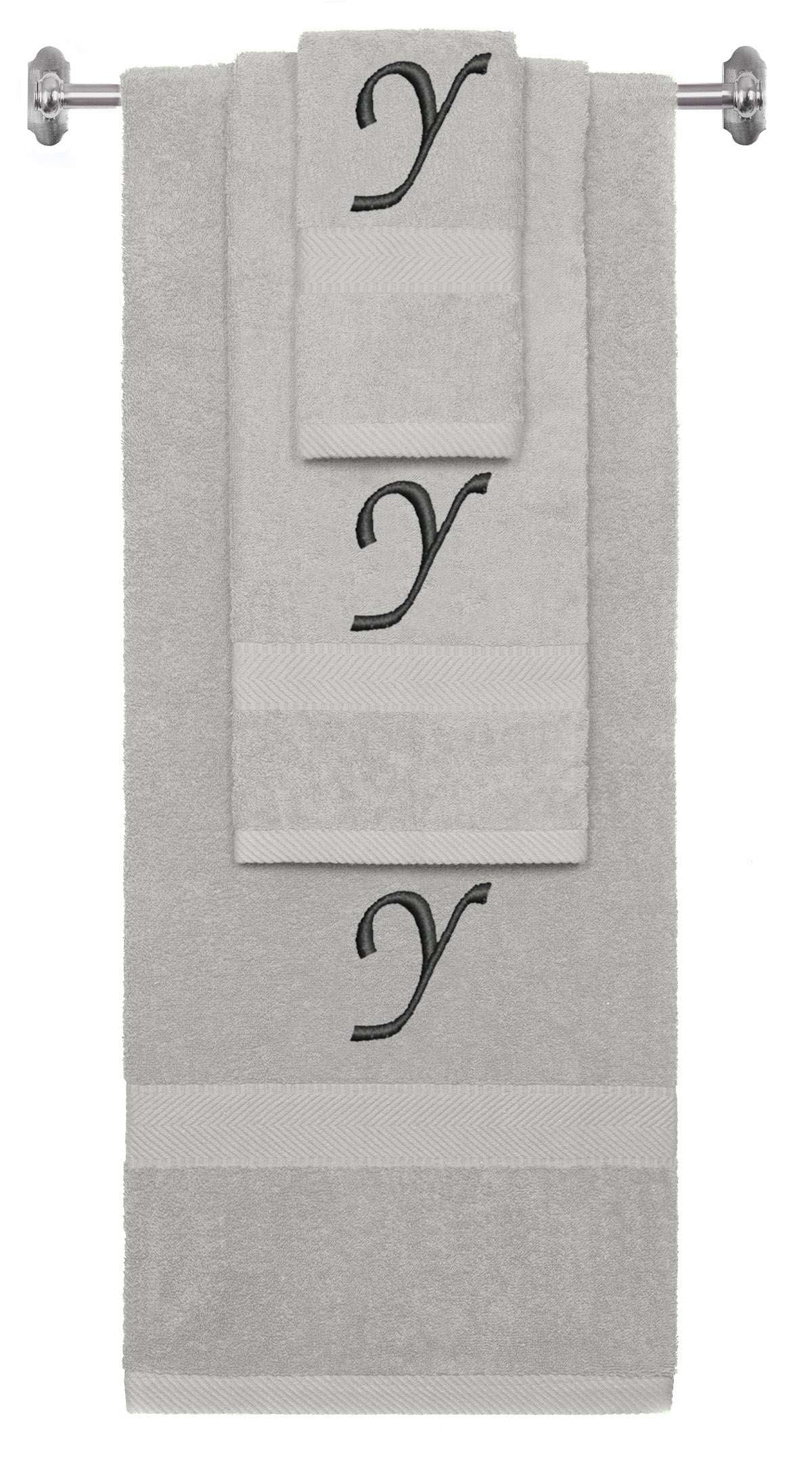 Silver monogrammed towel set with Black thread, Chancery font, initial Y - 540 GSM cotton 3-piece