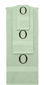 Mint Green monogrammed towel set with Black thread, Times New Roman font, initial O - 540 GSM cotton 3-piece