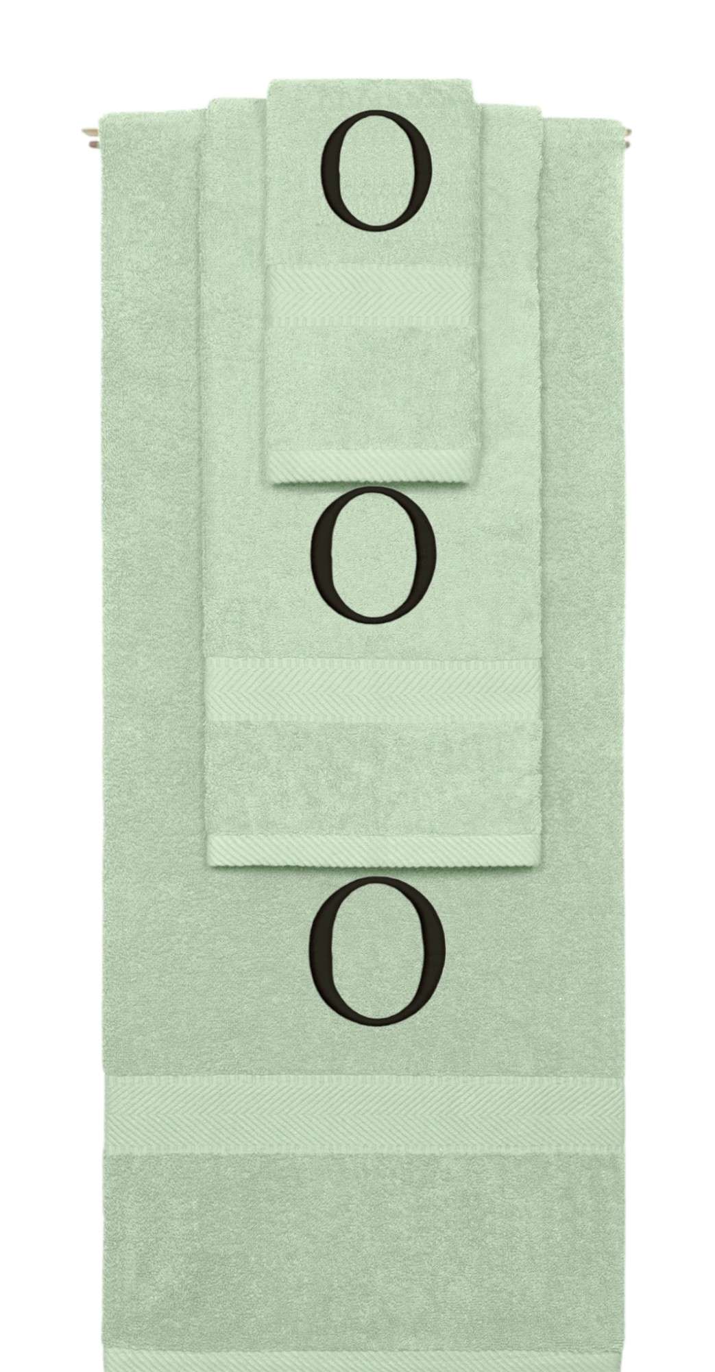 Mint Green monogrammed towel set with Black thread, Times New Roman font, initial O - 540 GSM cotton 3-piece