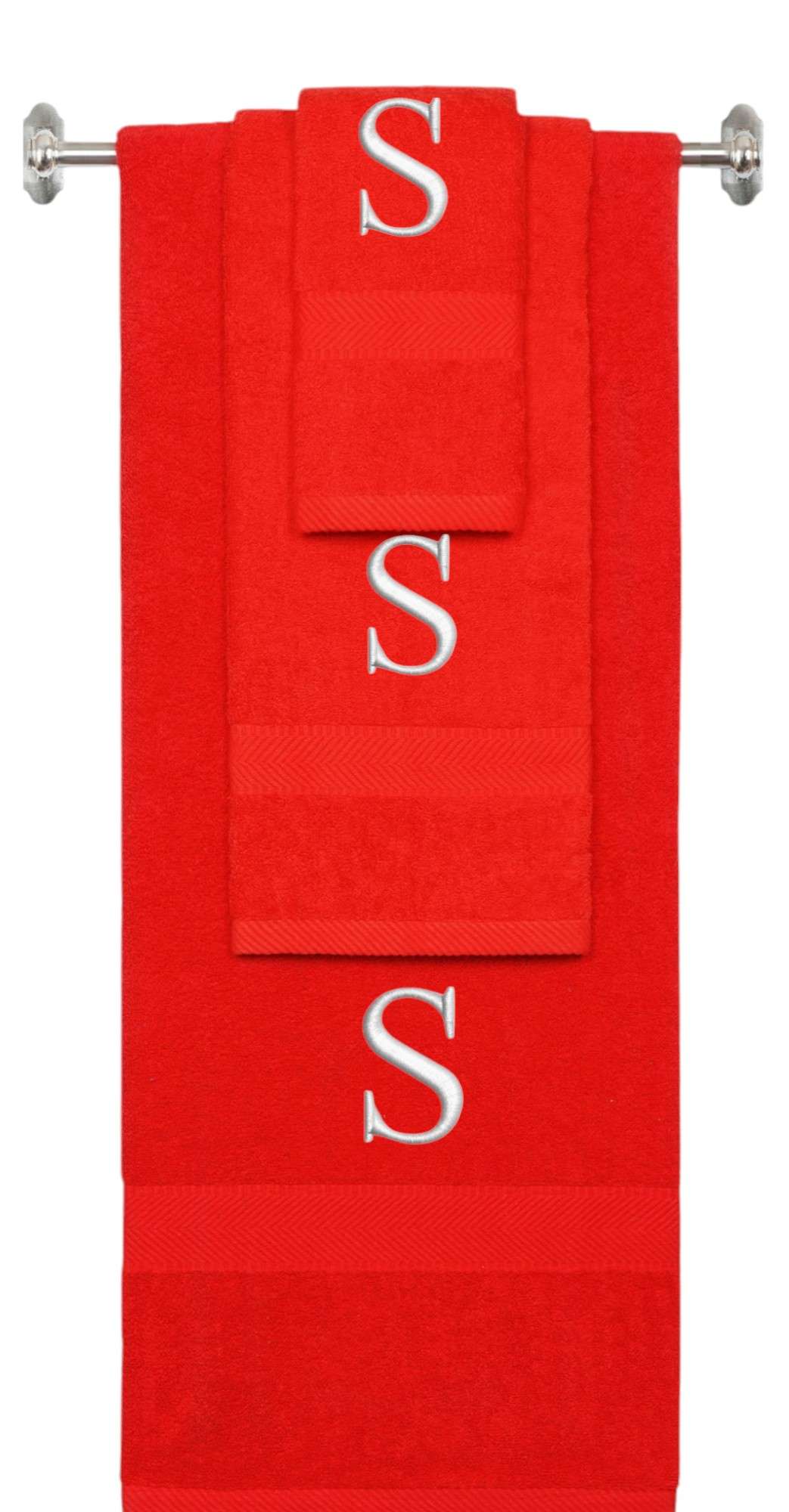 Red monogrammed towel set with Silver thread, Times New Roman font, initial S - 540 GSM cotton 3-piece
