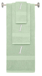 Mint Green monogrammed towel set with White thread, Chancery font, initial I - 540 GSM cotton 3-piece