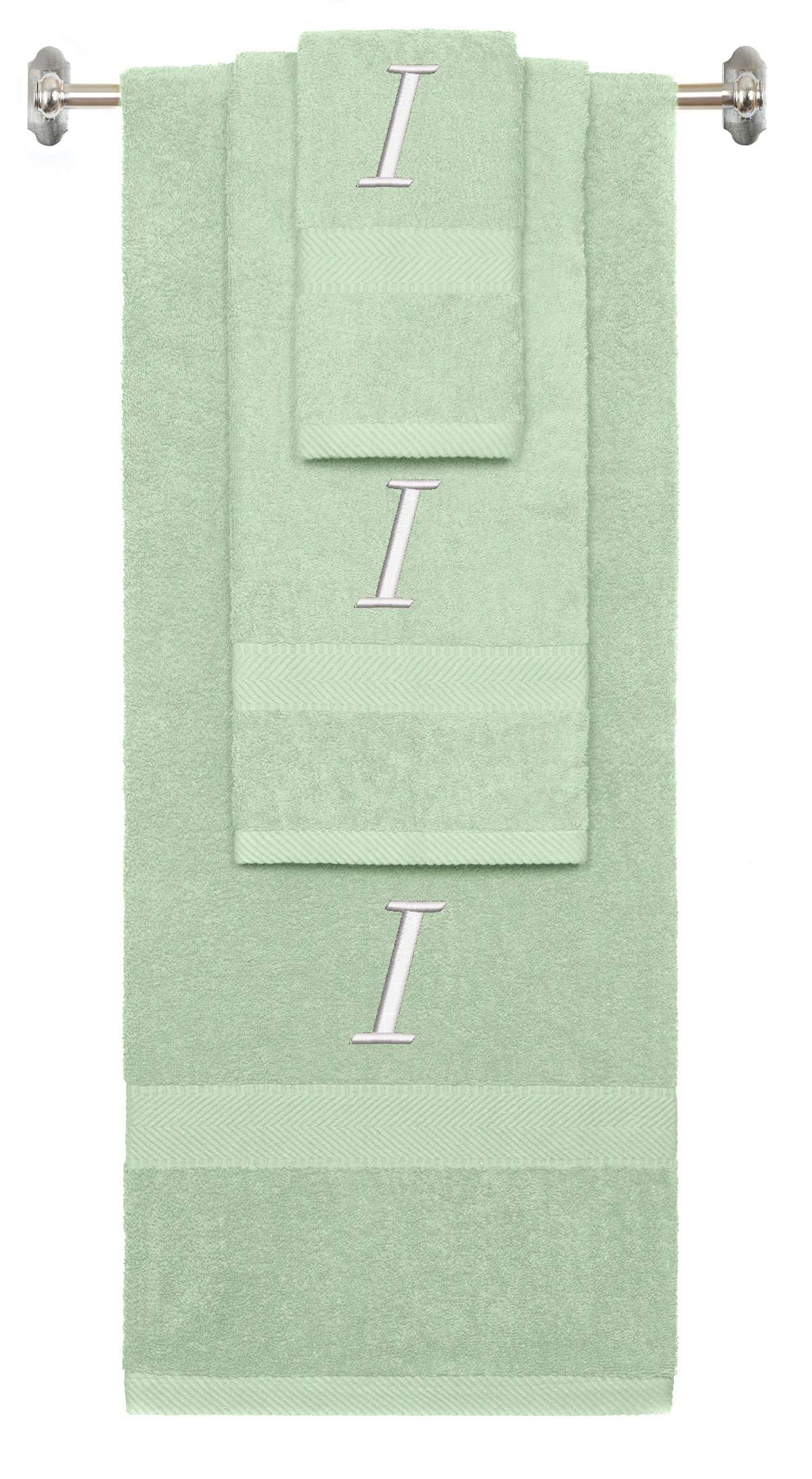 Mint Green monogrammed towel set with White thread, Chancery font, initial I - 540 GSM cotton 3-piece