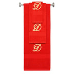 Red monogrammed towel set with Gold thread, Diana Script font, initial D - 540 GSM cotton 3-piece