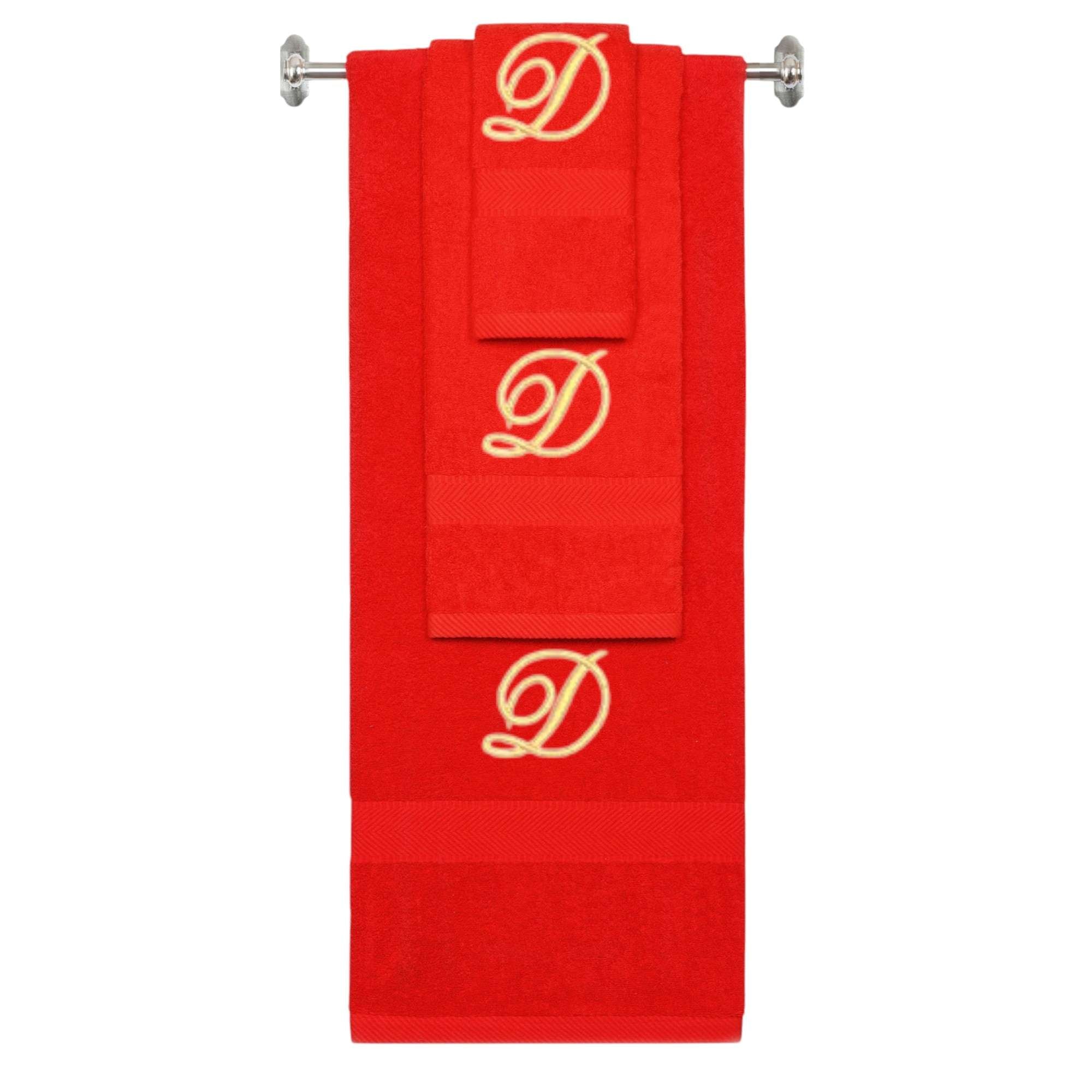 Red monogrammed towel set with Gold thread, Diana Script font, initial D - 540 GSM cotton 3-piece