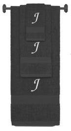 Charcoal monogrammed towel set with Silver thread, Chancery font, initial J - 540 GSM cotton 3-piece