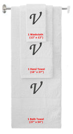 White monogrammed towel set with Black thread, Chancery font, initial V - 540 GSM cotton 3-piece
