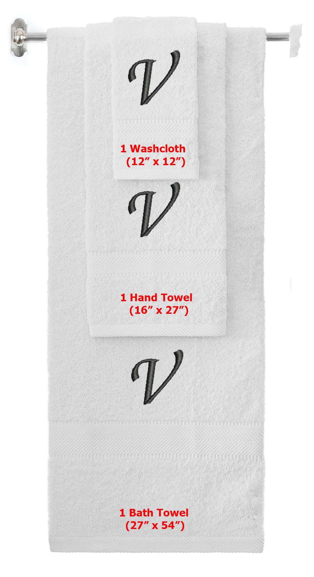 White monogrammed towel set with Black thread, Chancery font, initial V - 540 GSM cotton 3-piece