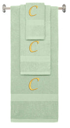 Mint Green monogrammed towel set with Gold thread, Chancery font, initial C - 540 GSM cotton 3-piece