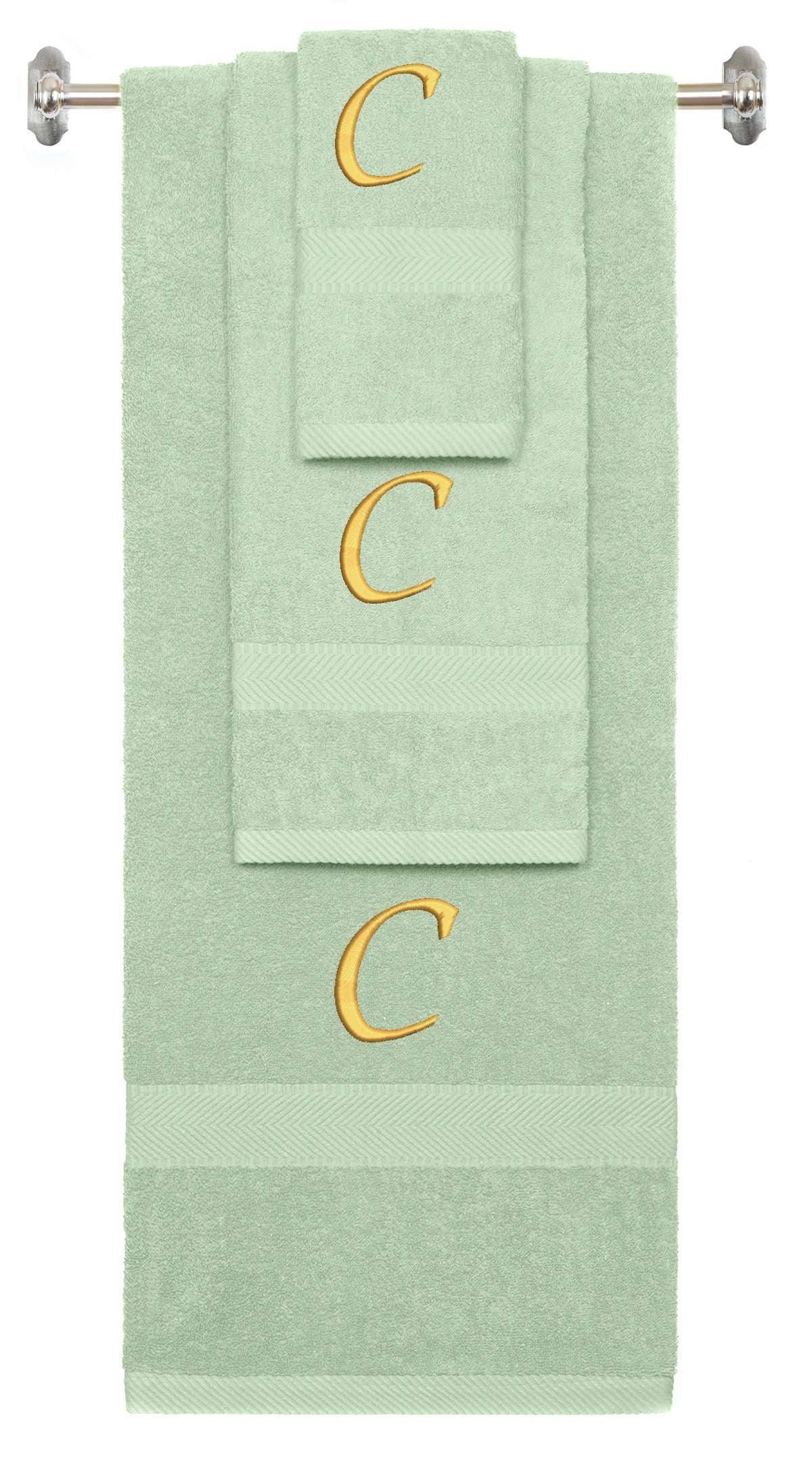 Mint Green monogrammed towel set with Gold thread, Chancery font, initial C - 540 GSM cotton 3-piece