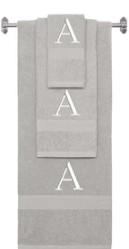 Silver monogrammed towel set with White thread, Times New Roman font, initial A - 540 GSM cotton 3-piece