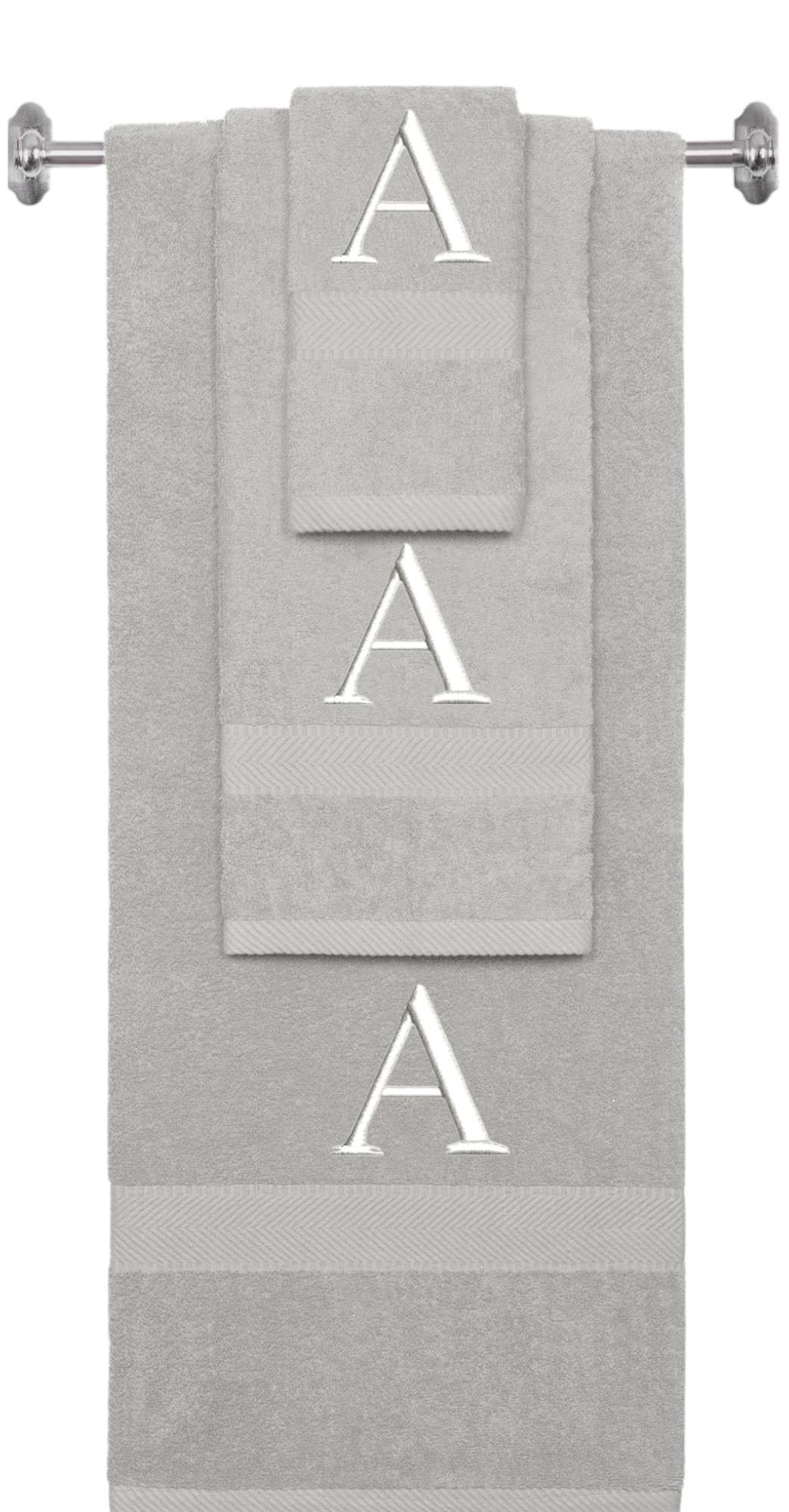 Silver monogrammed towel set with White thread, Times New Roman font, initial A - 540 GSM cotton 3-piece